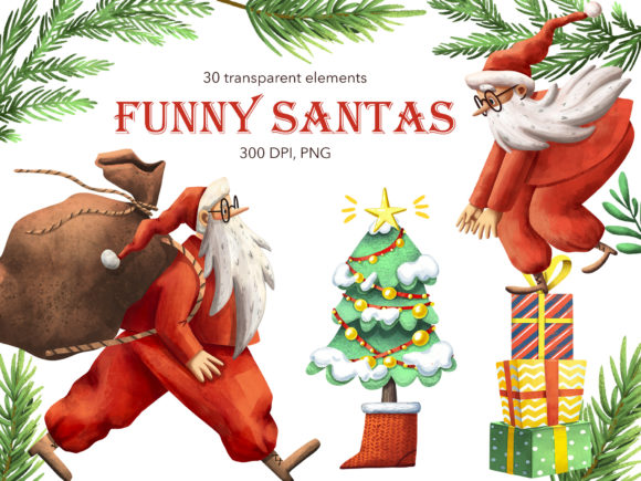 Funny Santas: Christmas Clipart Set & Illustrations