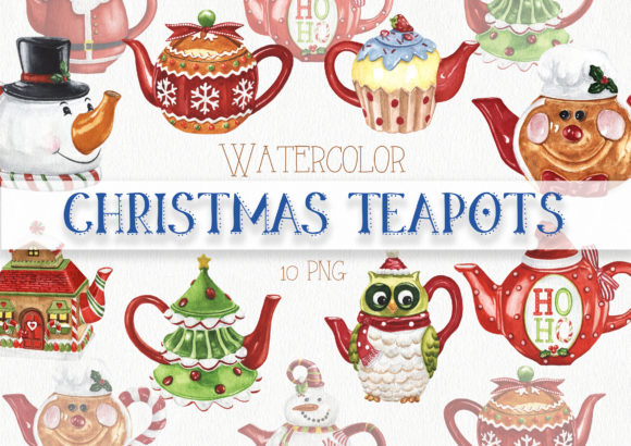 Watercolor Christmas Teapots Clipart: Festive Illustrations