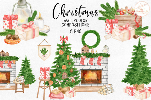 Watercolor Christmas Tree, Fireplace PNG Review